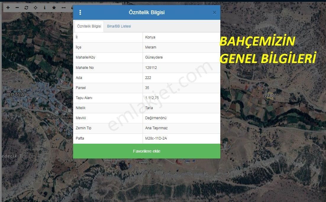 Meram Botsa Satılık Bağ & Bahçe Güneydere Botsada Müstakil Tapu 1112 Metre Bahçemiz Satılıktır