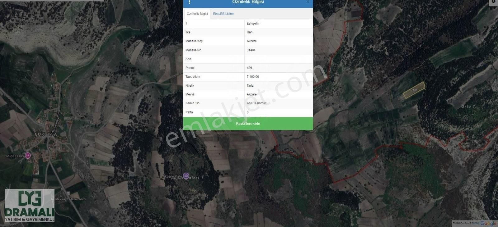 Han Akdere Satılık Tarla Eskişehir Han Akdere 7100m² Tarla Düz Zemin