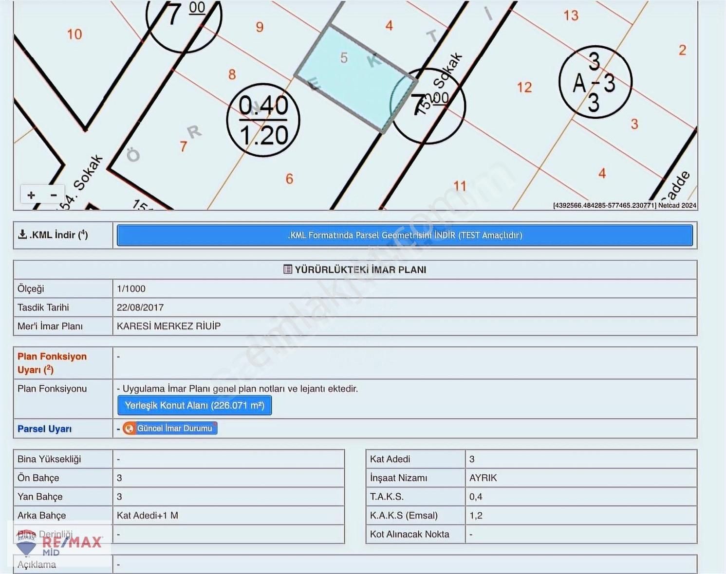 Karesi Paşa Alanı Satılık Konut İmarlı Re/max Mid Satılık Çiğdem Batubey Civar 226 M2 3 Kat İmarlı Arsa