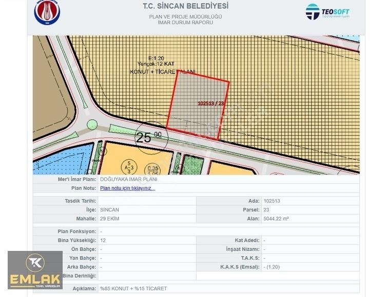 Sincan 29 Ekim Satılık Tarla Ankara Yenikent 29 Ekim Mh. İmarlı Satılık Yatırıma Uygun Arsa