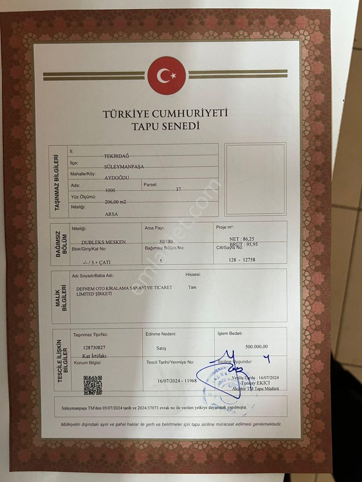 Süleymanpaşa Aydoğdu Satılık Daire Süleymanpaşa Dubleks Tapu Sahibi Perta Emlak Ümit Tahmaz