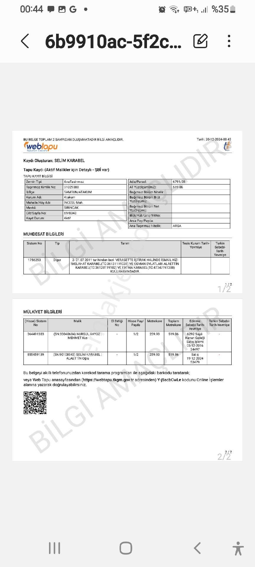 Atakum İncesu Satılık Konut İmarlı Deniz Manzalı 5kata İmarlı Parsel