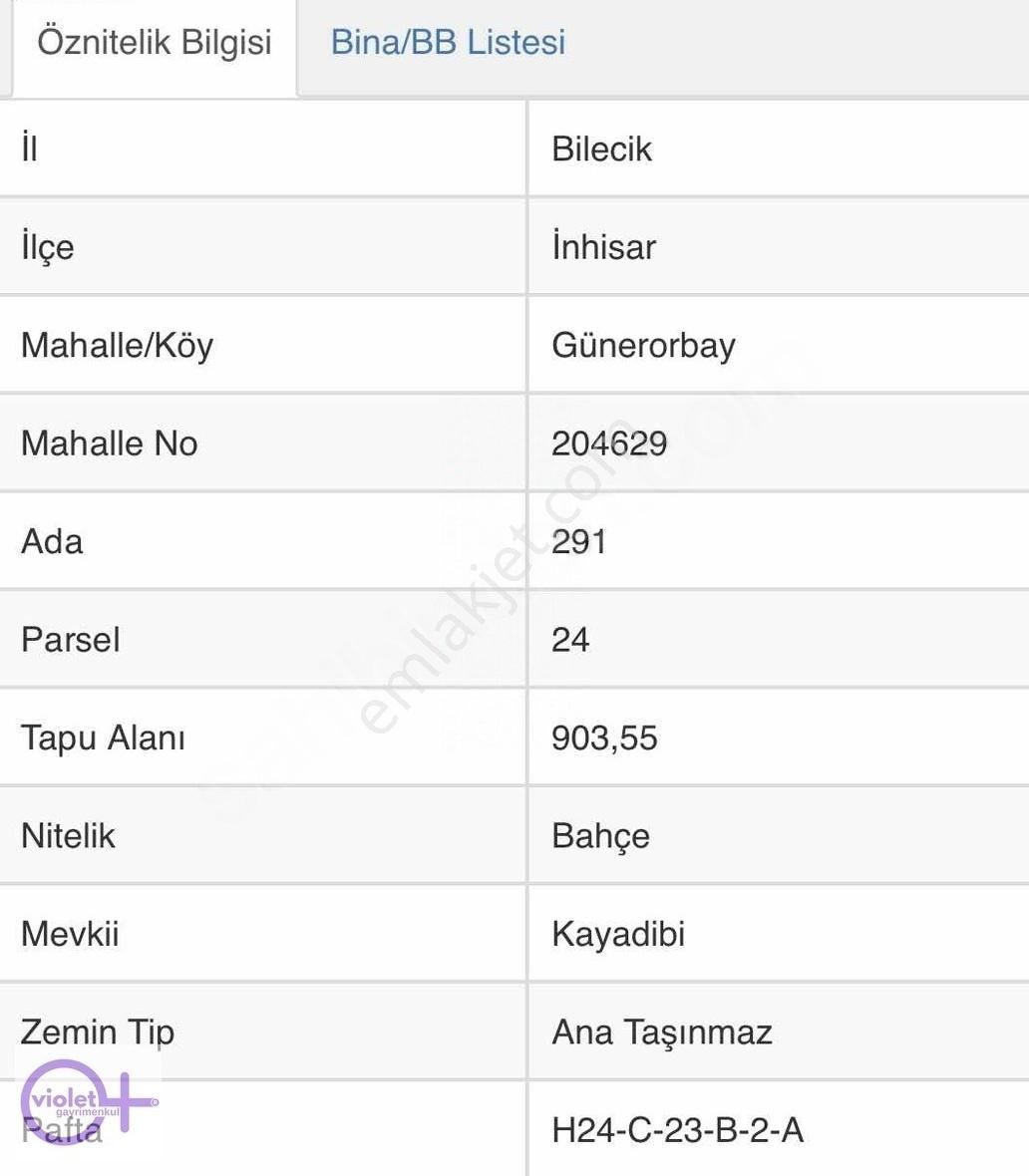 İnhisar Güner Orbay Satılık Tarla Violetten Bilecik İnhisar Kayadibi 2019 M2 Satılık Tarla