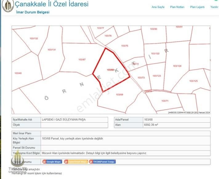 Lapseki Gazi Süleyman Paşa Satılık Tarla Lapseki Gazisüleymanpaşa Mah. İmar Planı İçinde Fırsat Tarla