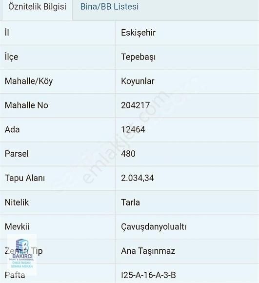 Tepebaşı Muttalip Koyunlar Satılık Tarla Bakırcı Emlak Dan Muttalip Koyunlar Mah.2.034 M2 Satılık Tarla