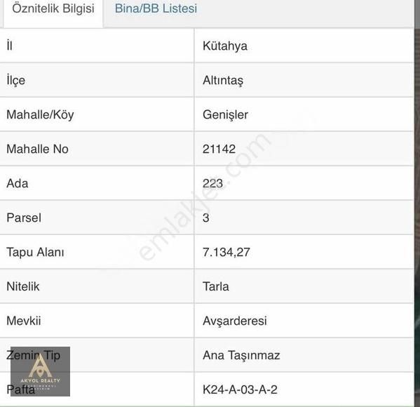 Kütahya Altıntaş Satılık Tarla Afyon-kütahya Yolu Üzeri Yatırımlık 7134m2 Tarla Araç Takaslı