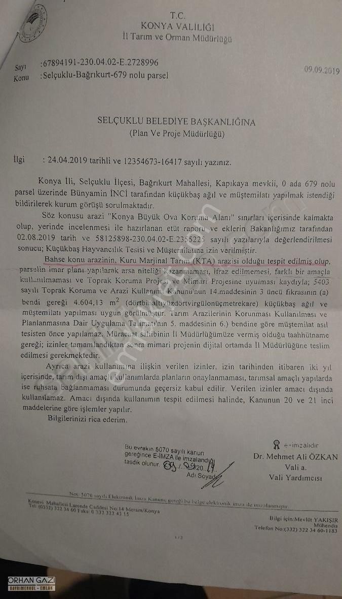 Selçuklu Bağrıkurt Satılık Özel Kullanım Orhan Gazi Gayrimenkul Bağrıkurt Yola Cephe Çiftlik İmarlı Arsa.