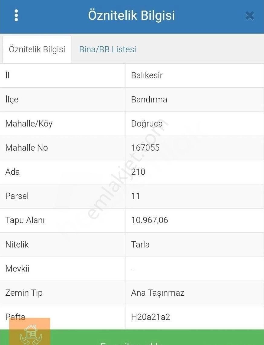 Bandırma Doğruca Satılık Tarla Doğruca'da 10,967 M2 Satılık Tarla