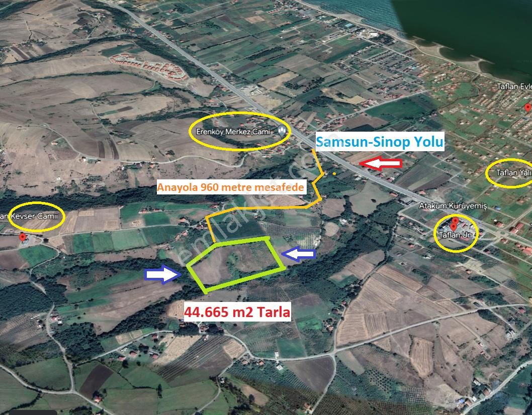 19 Mayıs Dereköy Satılık Tarla Atakum'a Sınır, Sahil Yoluna Çok Yakın Satılık Tarla (44.665 M2)