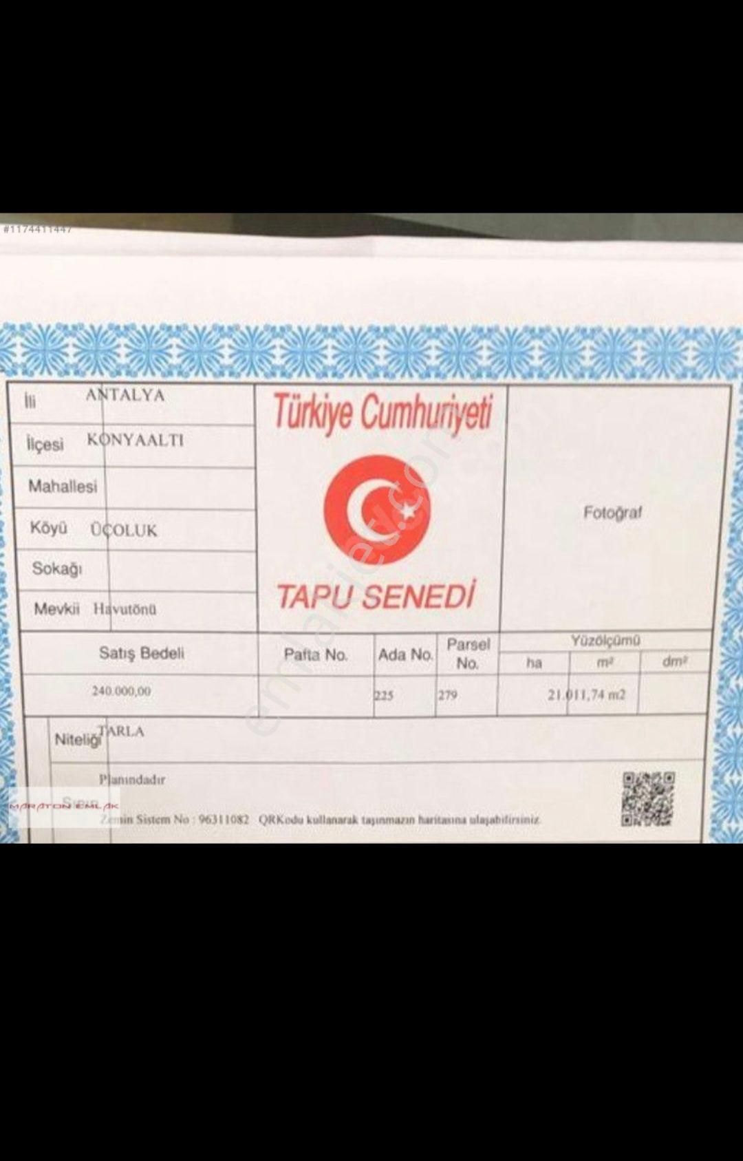 Konyaaltı Üçoluk Satılık Tarla Antalya Konyaaltı Üçoluk (havut Önü Mevkiinde)yerleşim Yeri İçinde 12 Dönüm