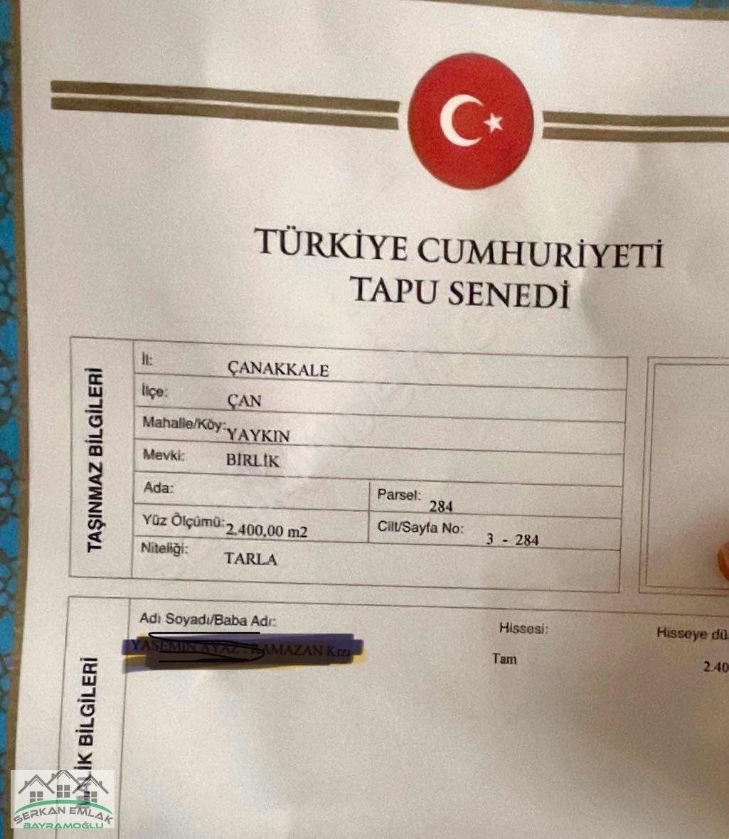 Çan Yaykın Köyü Satılık Tarla Serkan Emlak'tan Çan Yaykında Kadastrol Yolu Olan Tarla