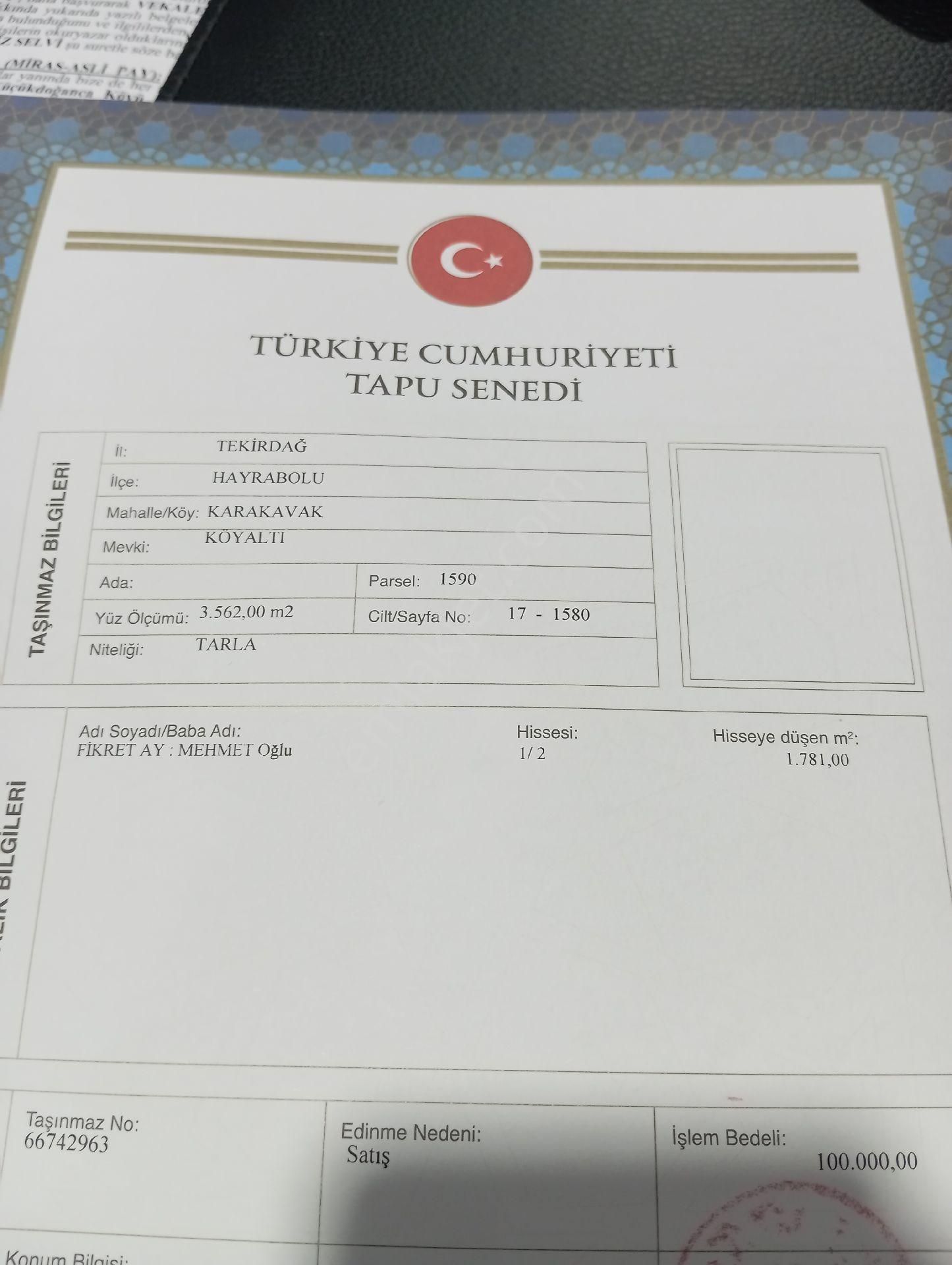 Hayrabolu Karakavak Satılık Tarla Acil Satılık Tarla Kelepir Fiyat