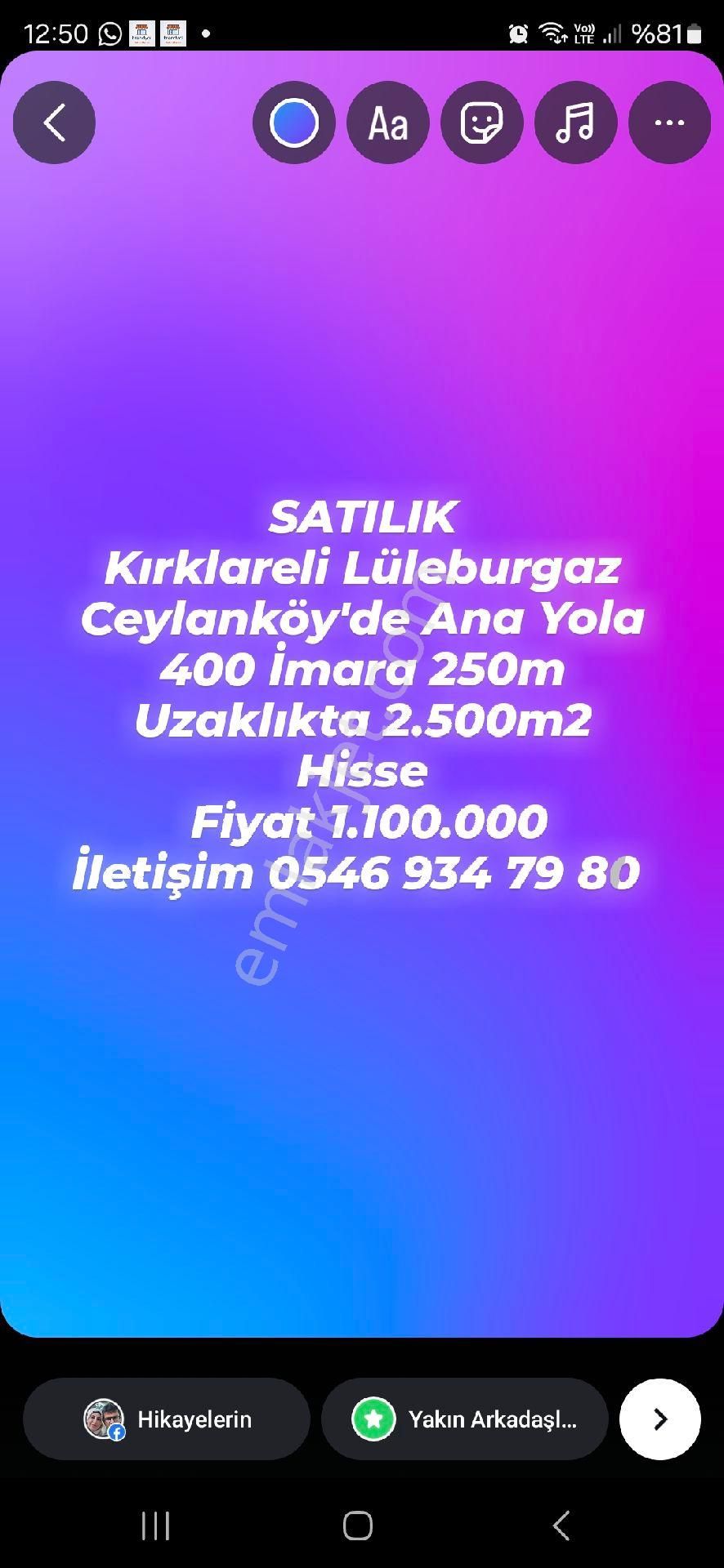 Lüleburgaz Ceylanköy Köyü Satılık Tarla İmara Çok Yakın 2.500 M2 Tarla Hissesi