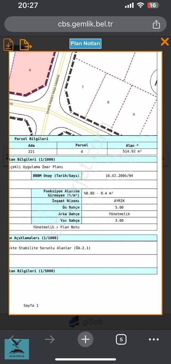 Gemlik Umurbey Satılık Villa İmarlı Umurbeyde Stadyum Arkası 514 M2 İmarlı Arsa