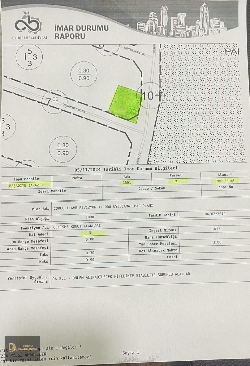 Çorlu Reşadiye Satılık Konut İmarlı Kelepir Yatırımlık Arsa...281.m2 Reşadiye ( Arazi ) % 30 3 Kat