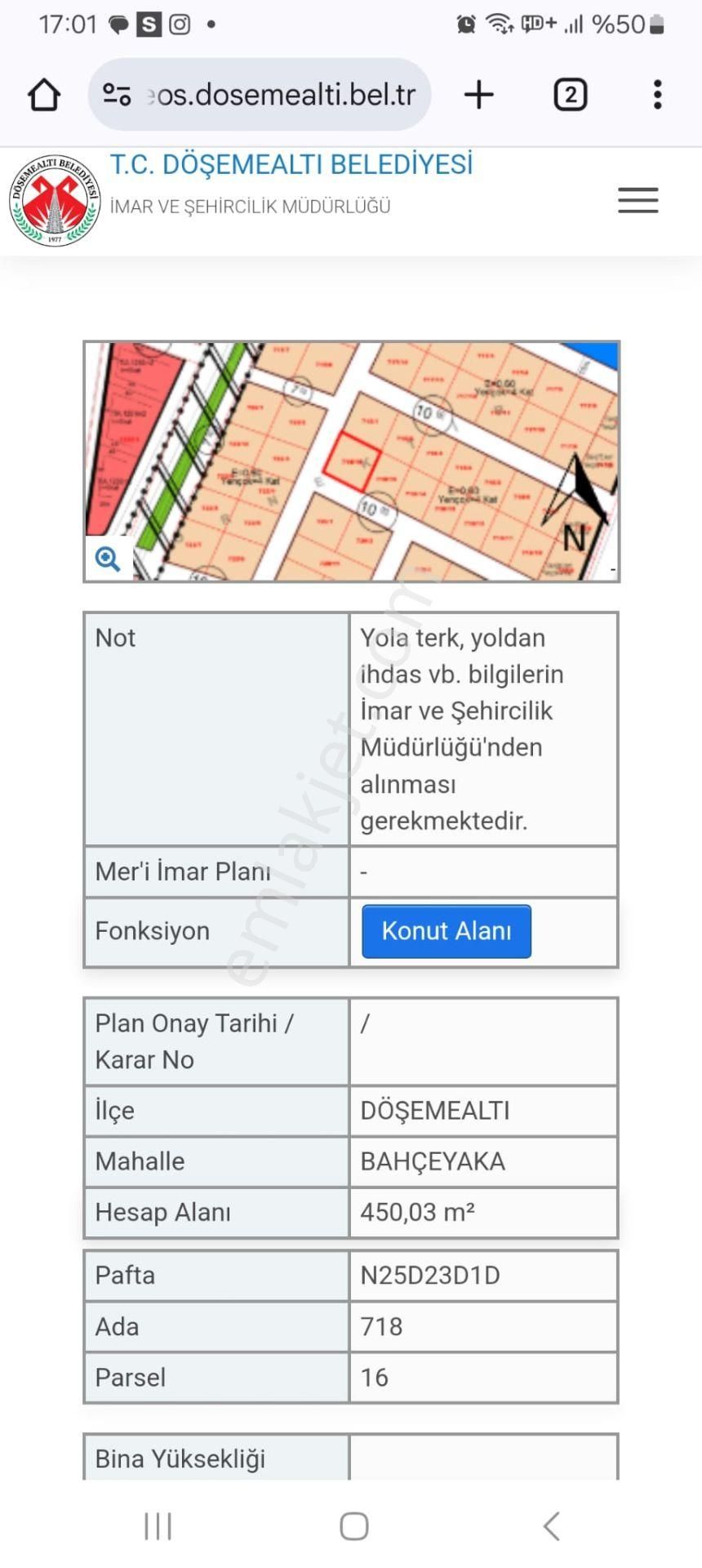 Döşemealtı Bahçeyaka Satılık Villa İmarlı Döşemealtı Bahçeyaka 450 M2 Villa Arsası Güney Köşebaşı Arsa