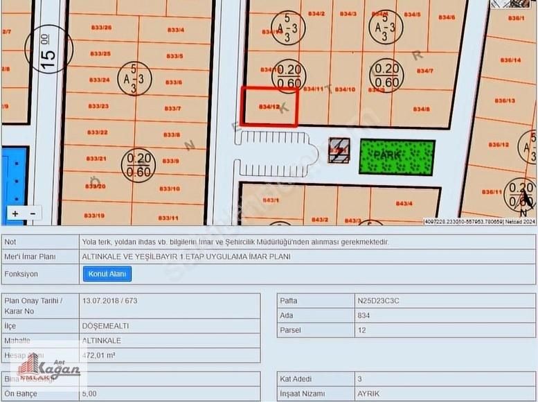 Döşemealtı Altınkale Satılık Villa İmarlı Altınkalede Mükemmel Konum Önü Açık Köşe Parsel 472 Metre Arsa