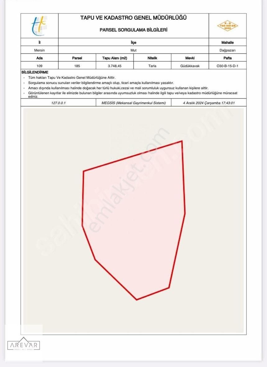 Mut Dağpazarı Satılık Tarla Mersin Mut Dağpazarında Tam Tapu Resmi Yollu 3.748 M2