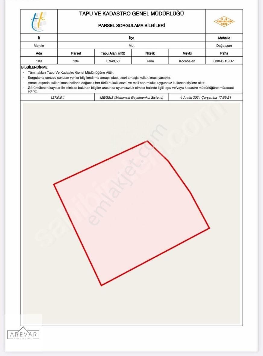 Mut Dağpazarı Satılık Tarla Mersin Mut Dağ Pazarında 3.949 M2 Yeşillerin İçinde