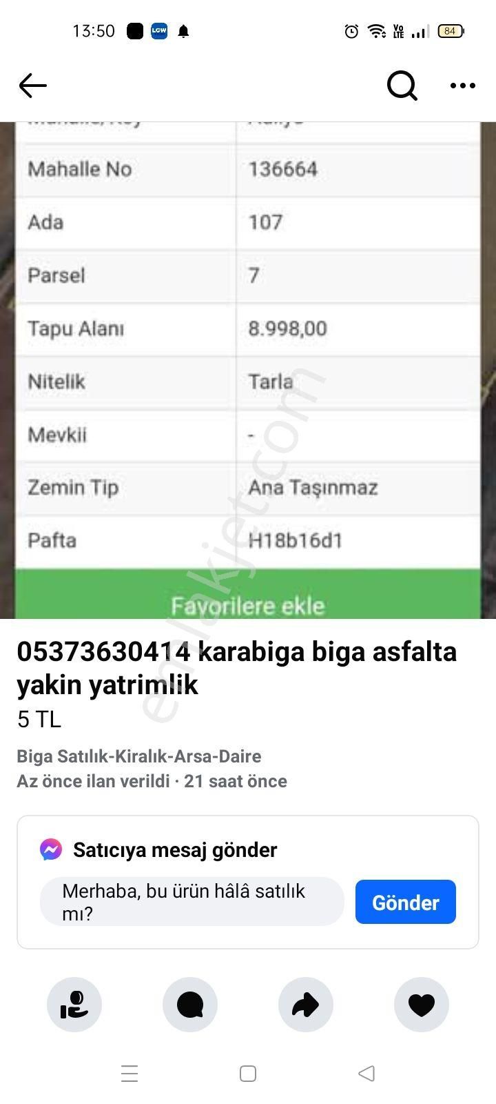 Biga Adliye Köyü Satılık Tarla Biga Adliye Köy Karabiga Yolunda 8998m2 Satılık Tarla