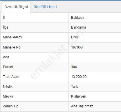 Bandırma Erikli Satılık Tarla Balıkesir Bandırma Erikli Mah. 13200 M2 Satılık Tarla