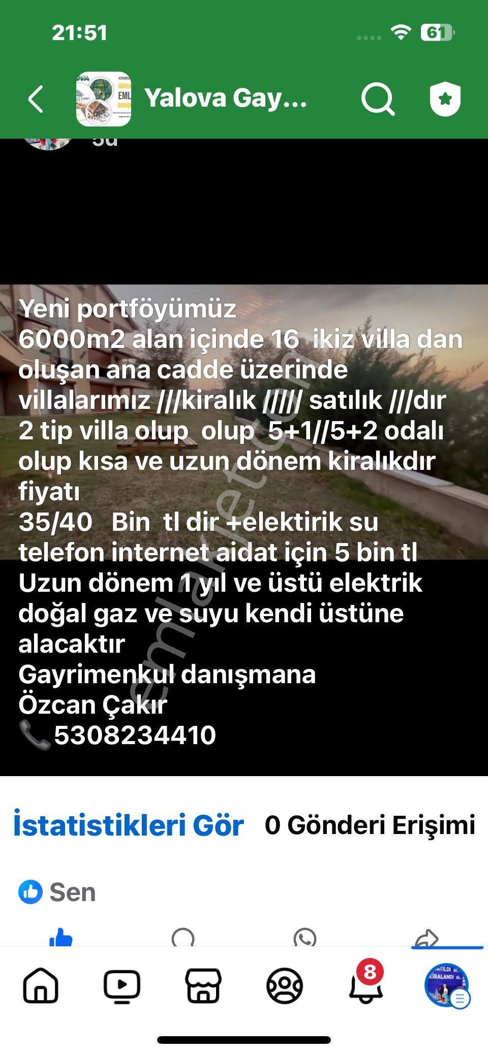 Yalova Merkez Kadıköy Bld. (Özden) Satılık Daire Özcan Çakır Dan Muhteşem Villalar