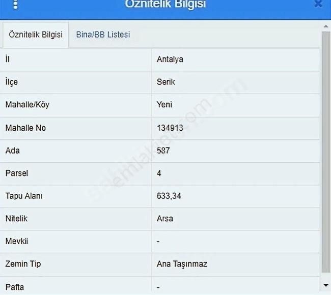 Serik Akçaalan Satılık Konut İmarlı Antalya Serik'te Müstakil,633 M2, İmarlı, Boğazkent'e Yakın Arsa