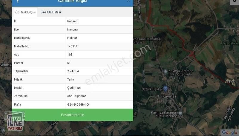 Kandıra Hıdırlar Satılık Tarla Kandıra Adapazarı Asfaltına Yakın 2947m2 Yollu Arazi