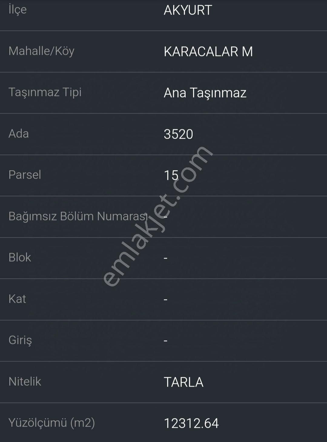 Akyurt Karacalar Satılık Tarla Kök Tapu Sahibinden