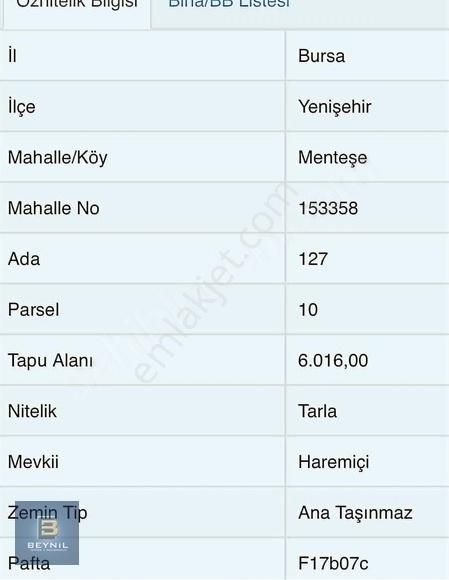 Yenişehir Menteşe Satılık Tarla Beynil'den Bursa Yenişehir'de Muhteşem Yatırım Fırsatı