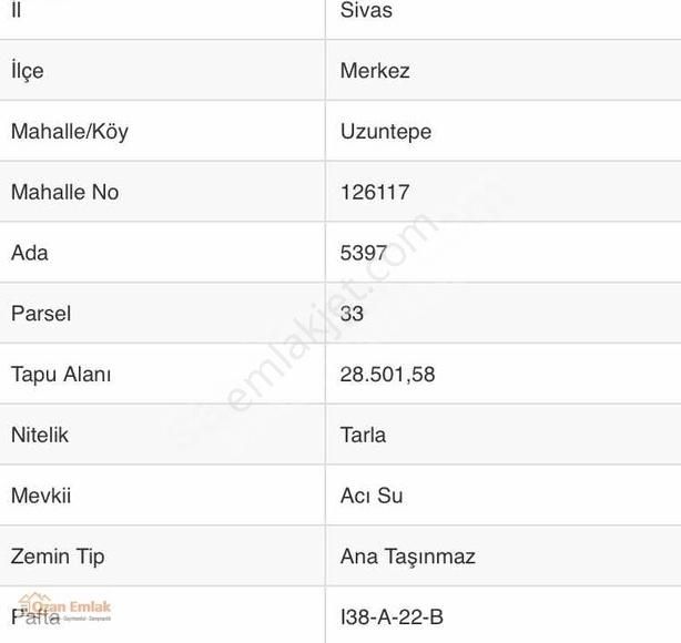 Sivas Merkez Uzuntepe Satılık Tarla Sivas Ozan Emlak'tan Uzuntepe'de Satılık 950 M² Tarla Hissesi