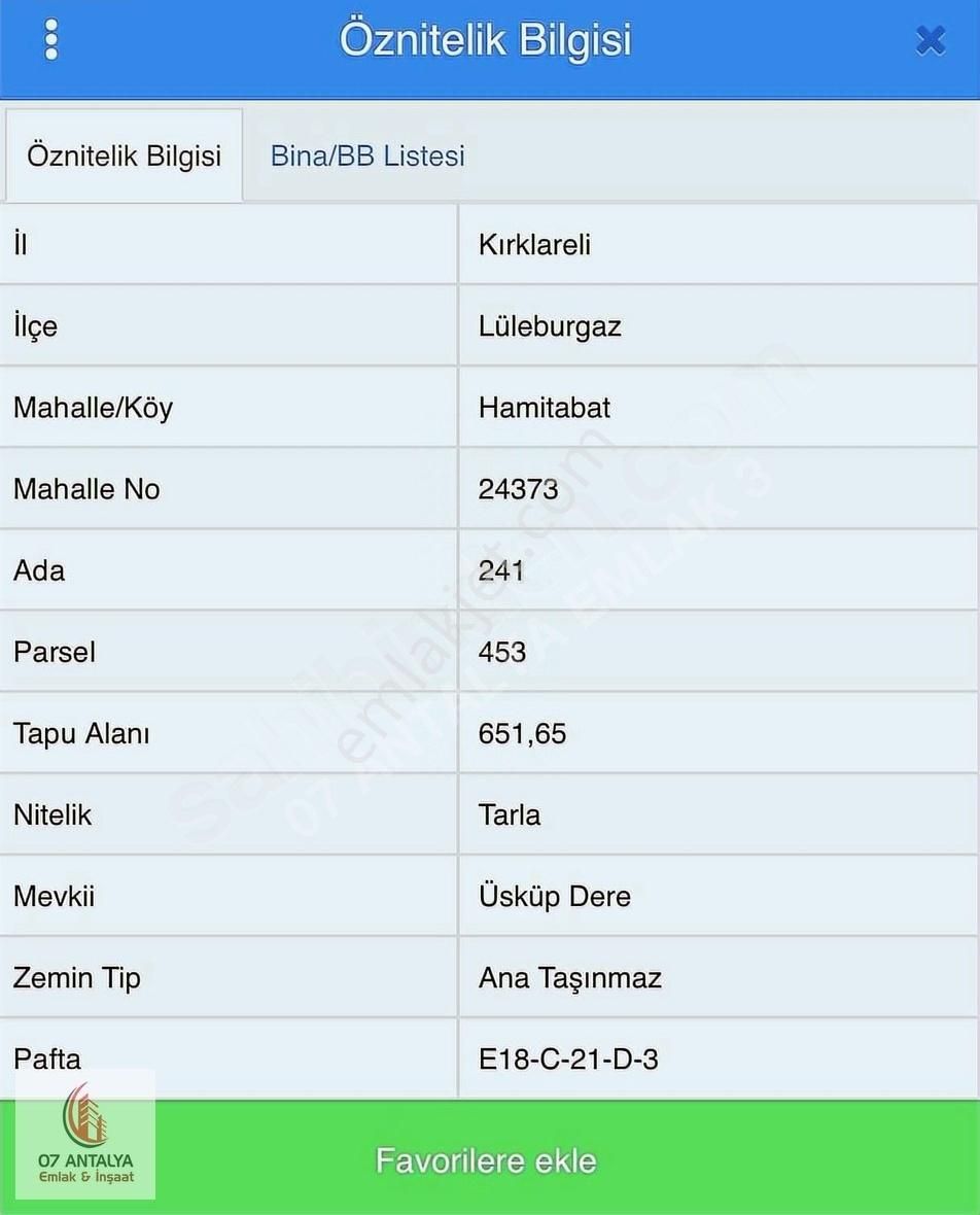 Lüleburgaz Hamitabat Köyü (Köydışı) Satılık Tarla Hamitabatta - Yatırımlık Kaçırılmaz Fırsat -