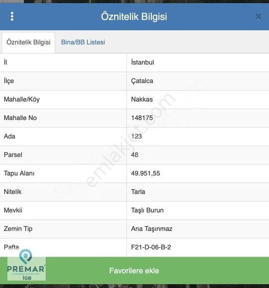 Çatalca Nakkaş Satılık Tarla Premar'dan Nakkaş Mah.1500 M2 Satılık Hissse