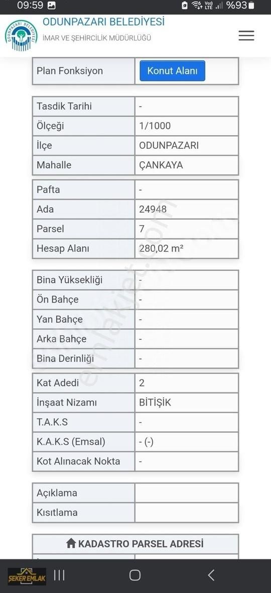 Odunpazarı Çankaya Satılık Konut İmarlı Şeker Emlaktan Çankaya Mah. Satılık 280 M² Bitişik Nizam Arsa