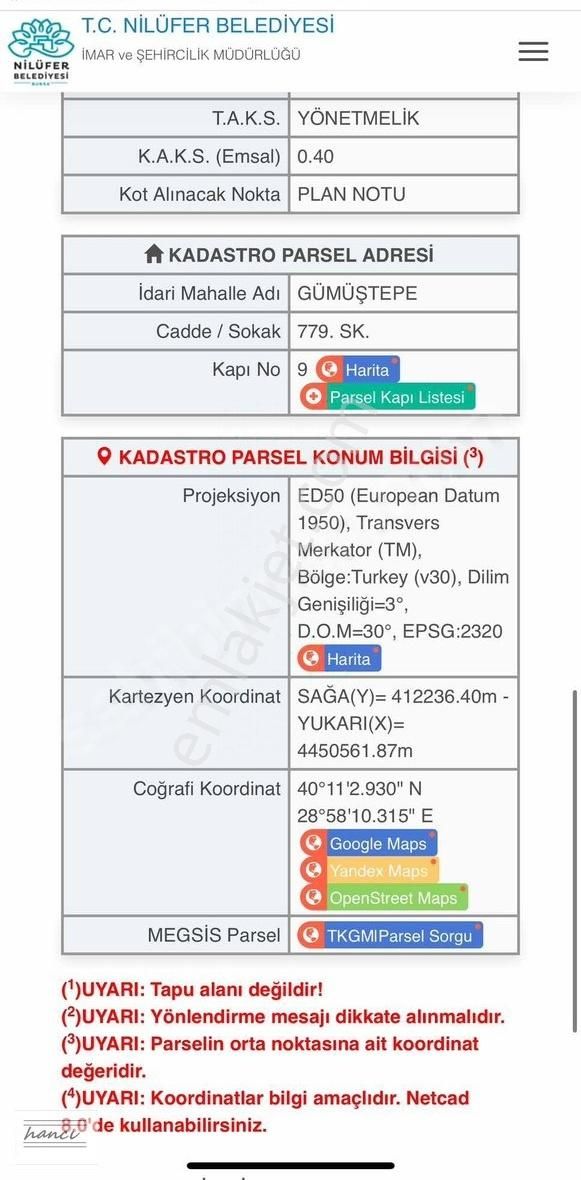 Nilüfer Gümüştepe Satılık Villa İmarlı Hancı'dan Gümüştepede Satılık Villa İmarlı Arsa