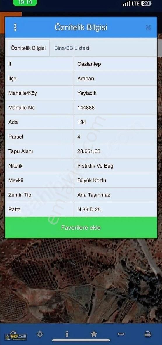 Araban Yaylacık Satılık Tarla Şeften Asvalt Yol Üstü Fırsat Fıstıklık Ve Bademlik