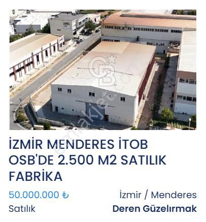 Menderes İTOB OSB Satılık Fabrika İzmir Menderes İtob Osb'de 2.500 M2 Satılık Fabrika