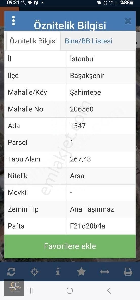 Başakşehir Kayabaşı Satılık Ticari İmarlı Şahintepe 1547 Ada 1 Parsel 267,43 M2 Satılık Arsa