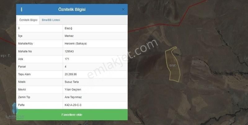 Elazığ Merkez Salkaya Köyü (Yılangeçiren) Satılık Tarla Lg'den Salkaya'da (hersenk) Hayvancılığa Uygun 20.290 M2 Arazi