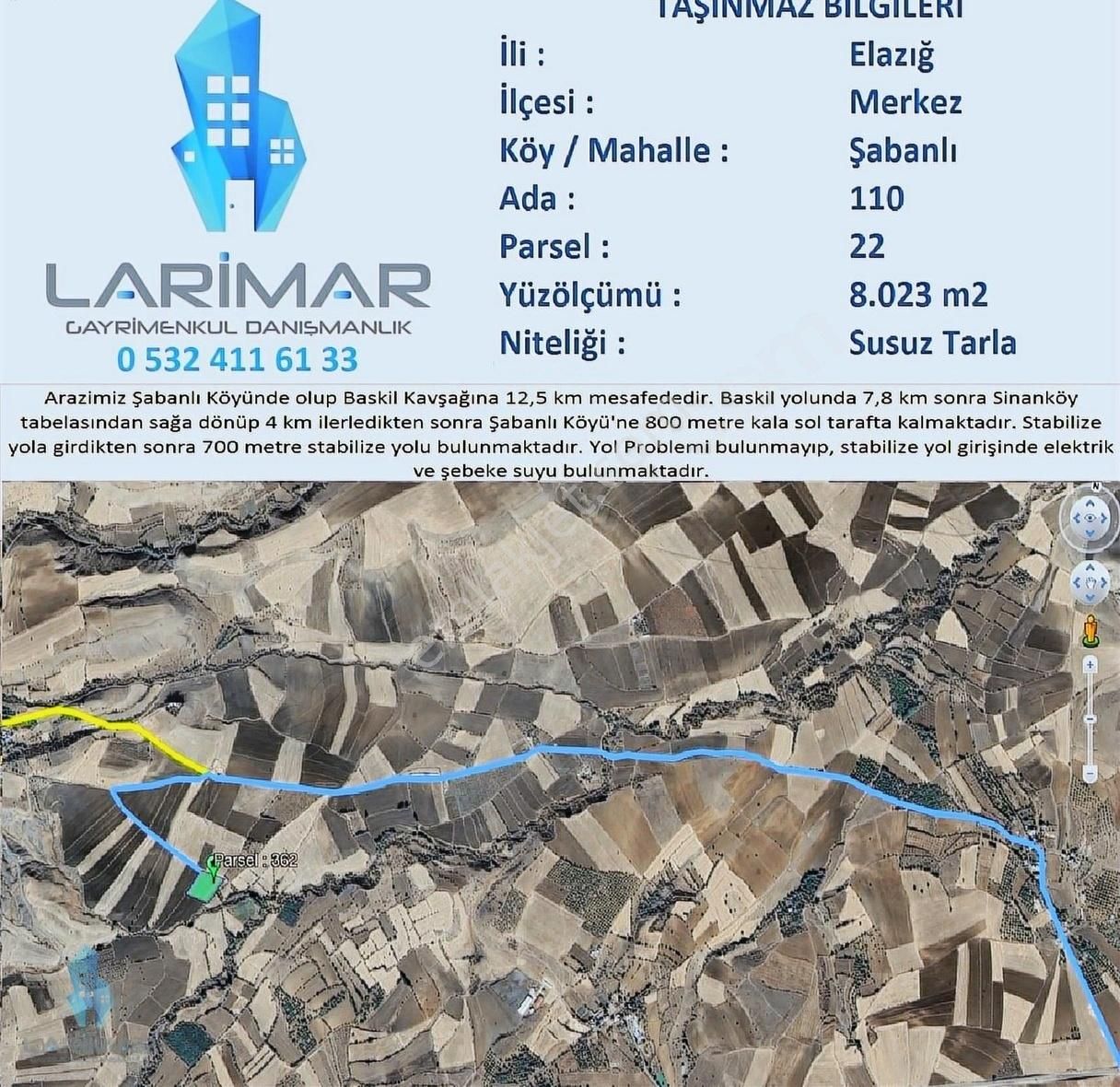 Elazığ Merkez Şabanlı Köyü Satılık Tarla Lg'den Şabanlı Köyünde Resmi Yolu Olan Satılık Arsa