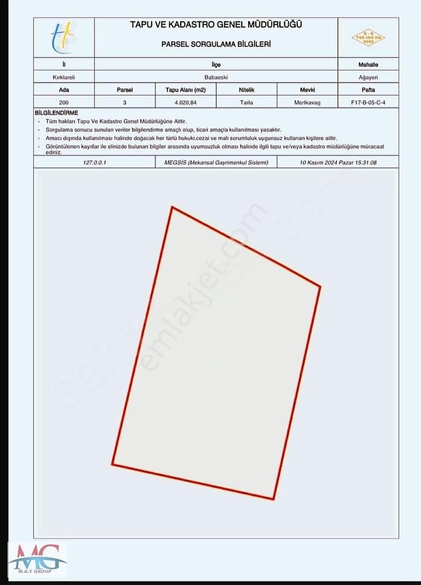 Babaeski Ağayeri Köyü Satılık Tarla Babaeskide Satılık Yatırımlık Tek Tapu Arsa 4020mt