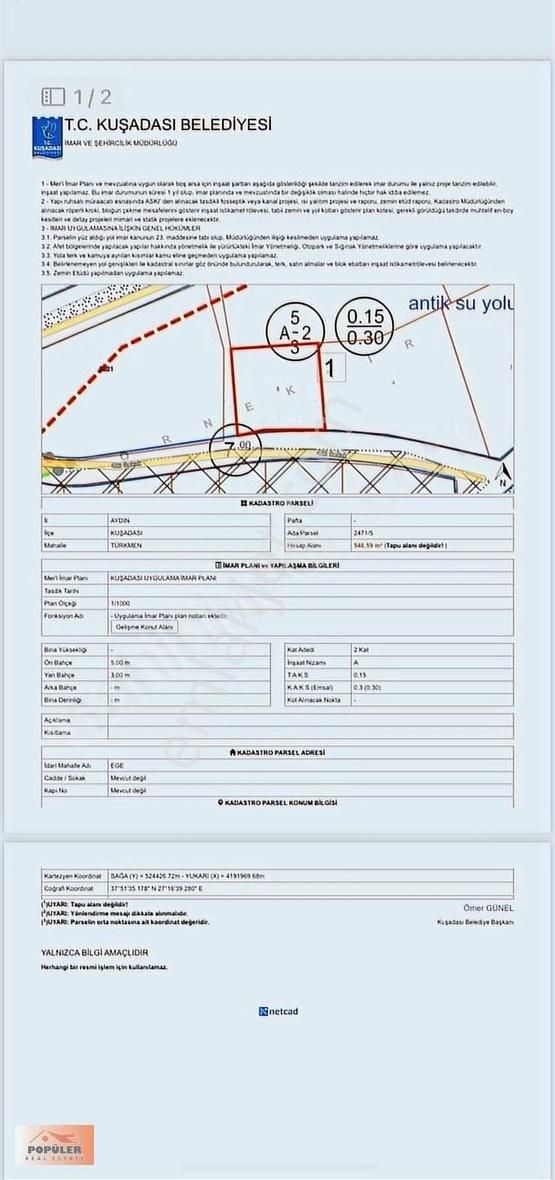 Kuşadası Ege Satılık Villa İmarlı Kuşadası Ege Mahallesi 546m2 (tek Müstakil )villa Arsası