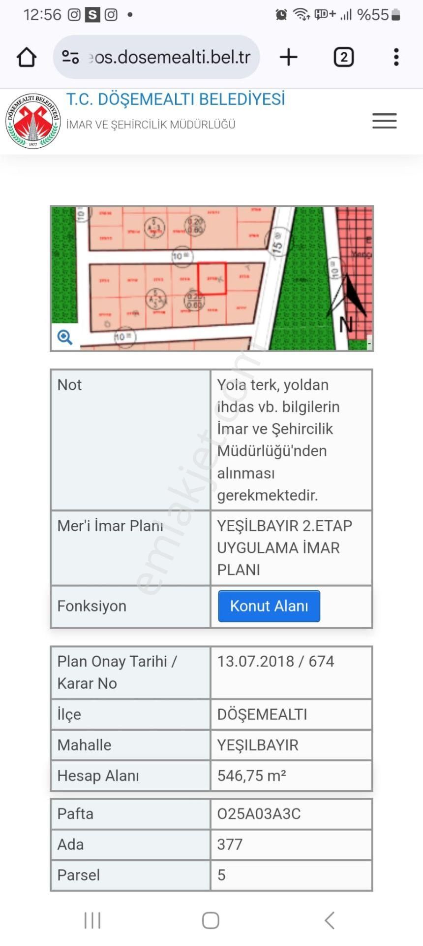 Döşemealtı Yeşilbayır Satılık Villa İmarlı Döşemealtı Yeşilbayır'da 547m2 Villa Arsası