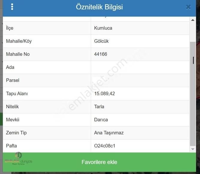 Kumluca Gölcük Satılık Tarla Yatırımlık Tek Tapu Tarla