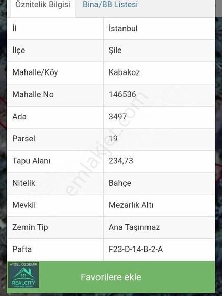 Şile Kabakoz Satılık Tarla Ayselden Şile Kabakozda Müstakil Tarla 234 M2