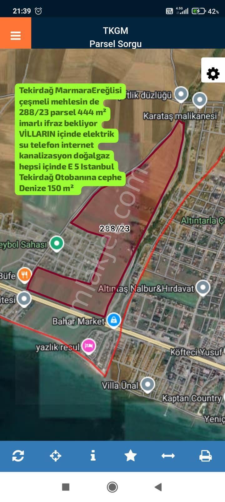 Marmaraereğlisi Çeşmeli Satılık Tarla Tekirdağ Marmaraereğlisi Çeşmeli Mehlesin De 288/23 Parsel 444 M² İmarlı