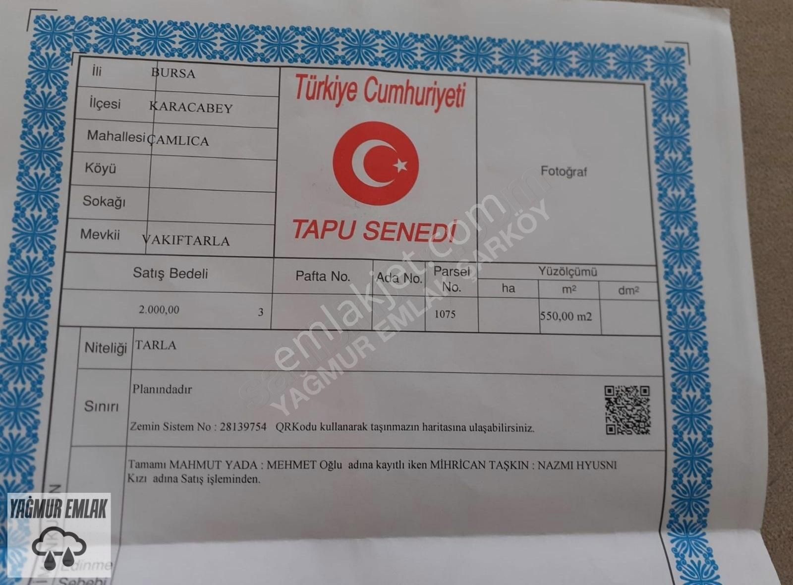 Karacabey Çamlıca Satılık Tarla Yağmur Emlaktan Bursa Karacabey Çamlıcada 550 Metre Tarla