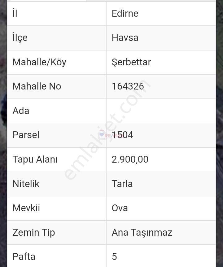 Havsa Şerbettar Köyü Satılık Tarla Edirne Havsa Şerbettar'da Satılık 2.900m2 Tarla