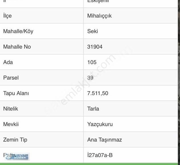Mihalıççık Seki Satılık Tarla Turyap Sümerden Mihalıççık Seki Mah Satılık Tarla