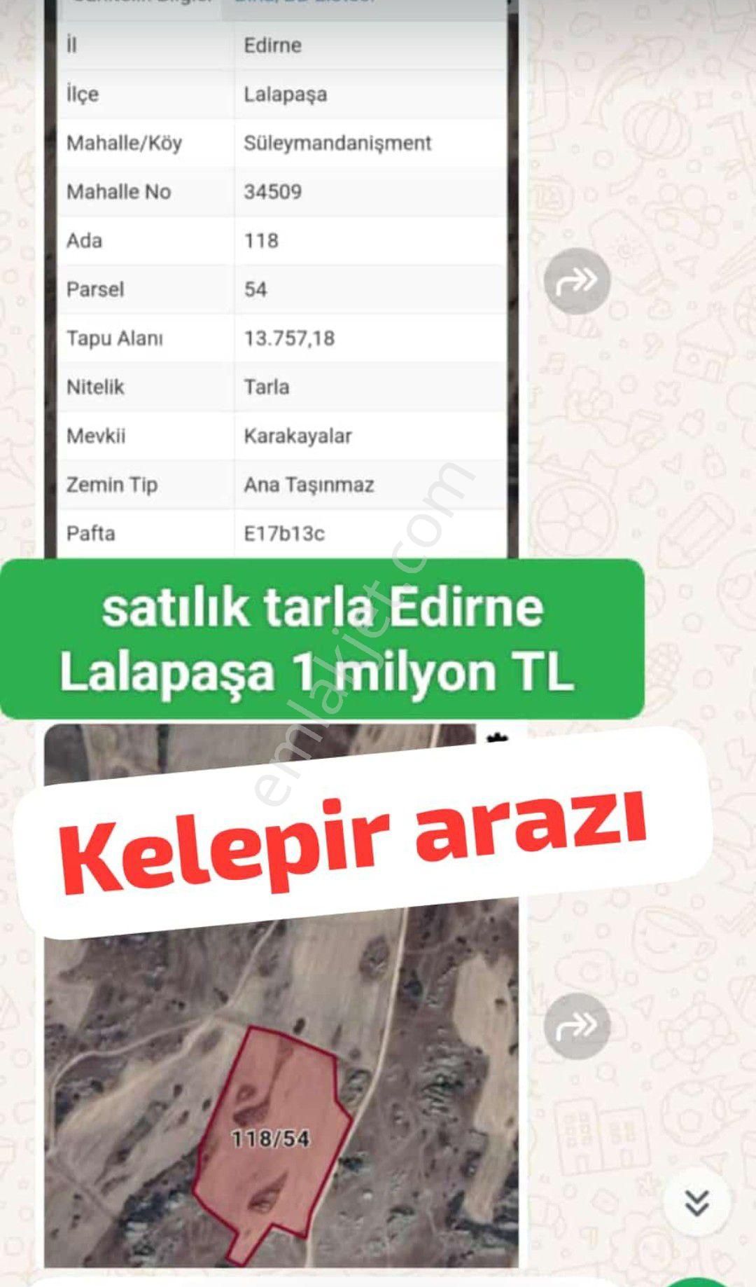 Lalapaşa Süleymandanişment Köyü Satılık Tarla Edirne Lalapaşa Suleymandanisment Te 13.757 M Tek Tapu